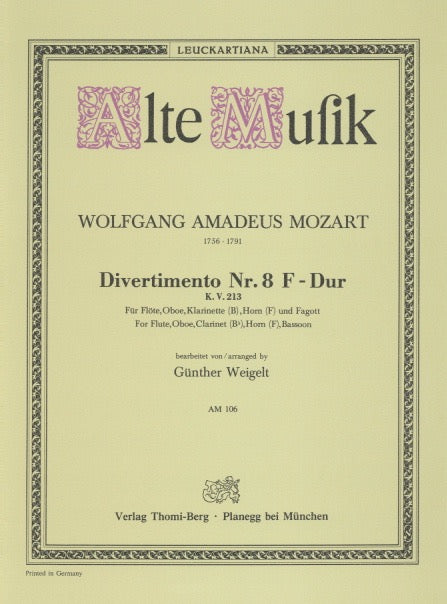 Mozart, Wolfgang Amadeus % Divertimento #8 in F Major, K213 (parts only) - WW5