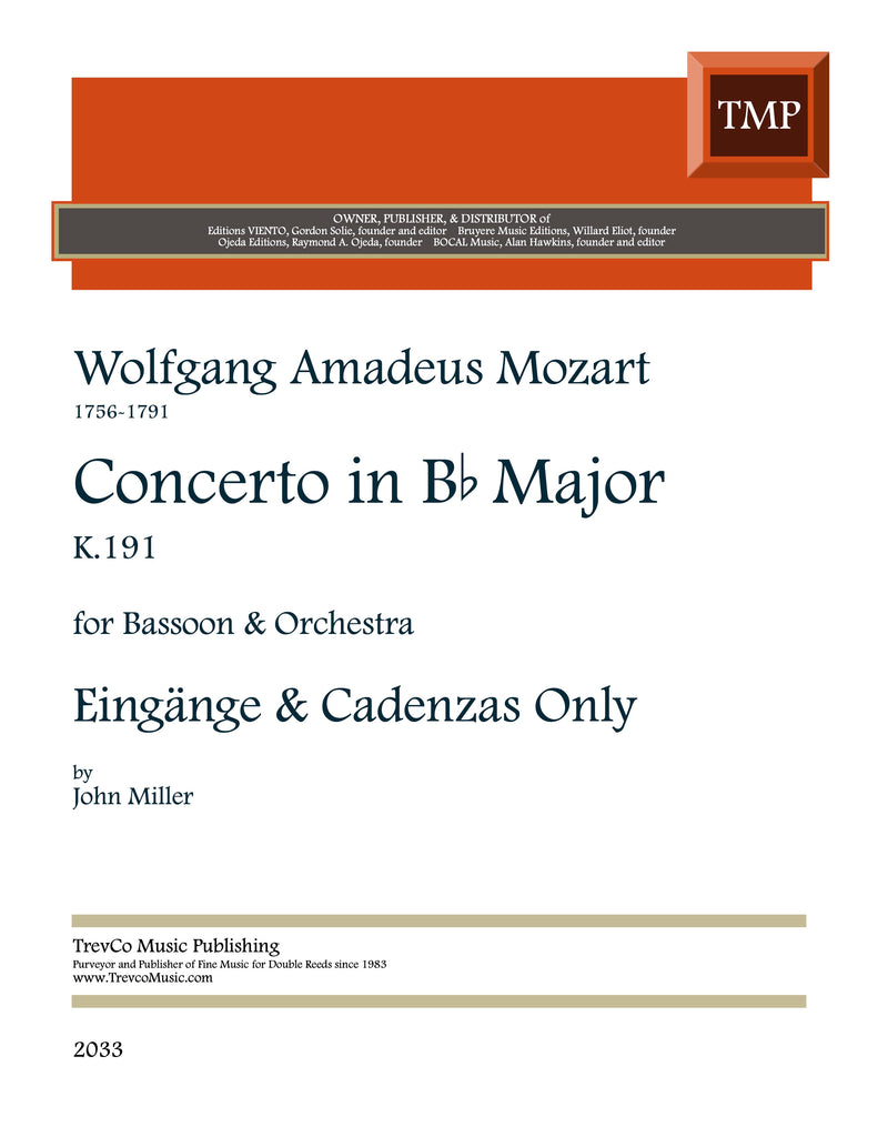 Mozart, Wolfgang Amadeus % Concerto in Bb Major, K191 Cadenzas (John Miller) - BSN