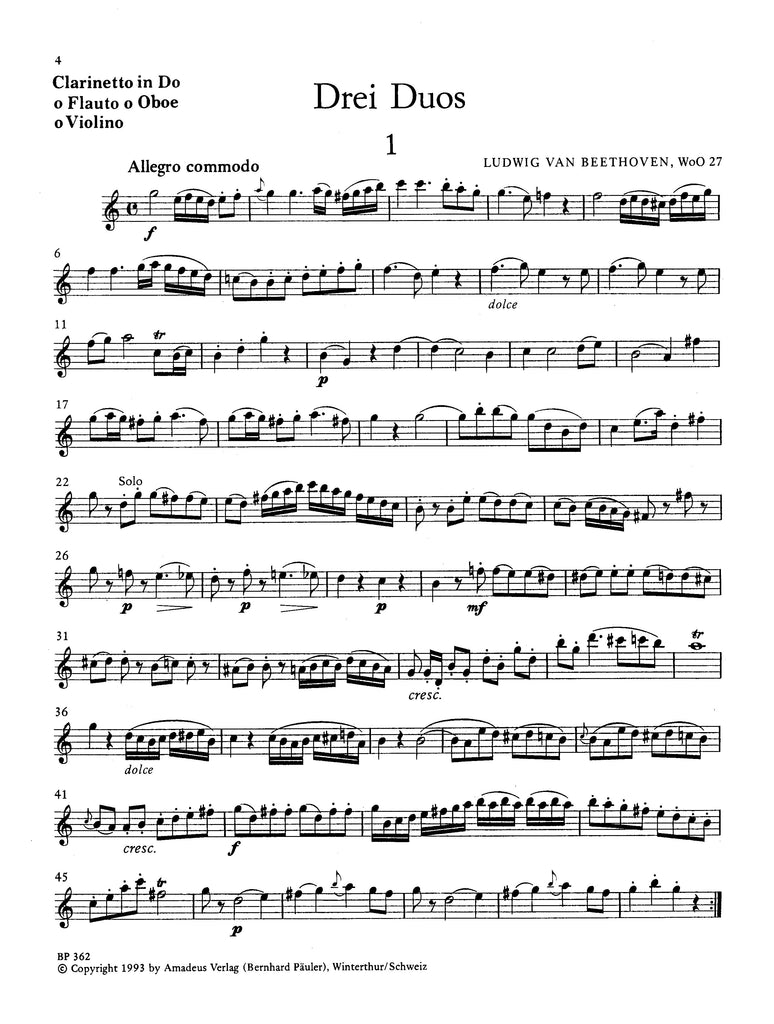 Three Duos WoO27 (score & parts) - CL/BSN - Trevco Music