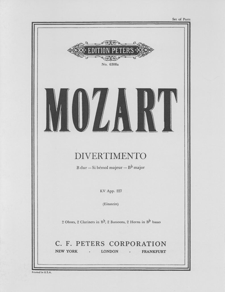 Mozart, Wolfgang Amadeus % Divertimento in Bb Major, K.227 (parts only) - WW8