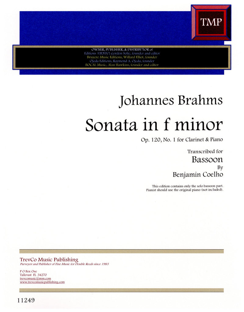 Brahms, Johannes % Sonata in f minor, op. 120, #1 (solo bassoon part only) - BSN(CL)/PN - Click on Title for More Information