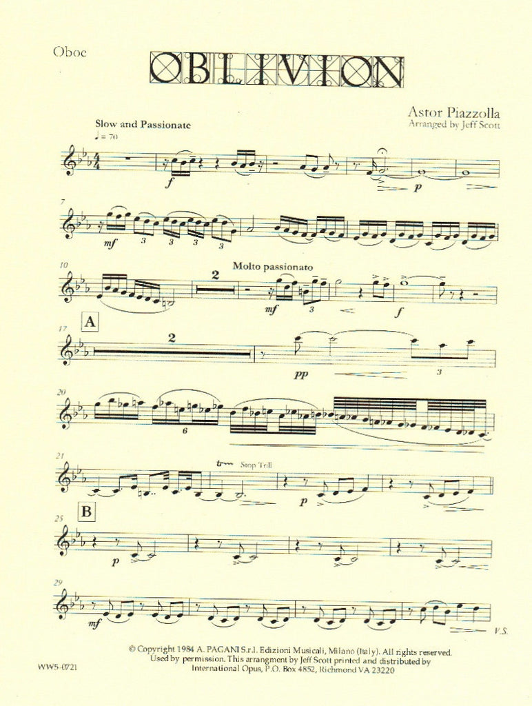 Oblivion score parts WW5 Trevco Music