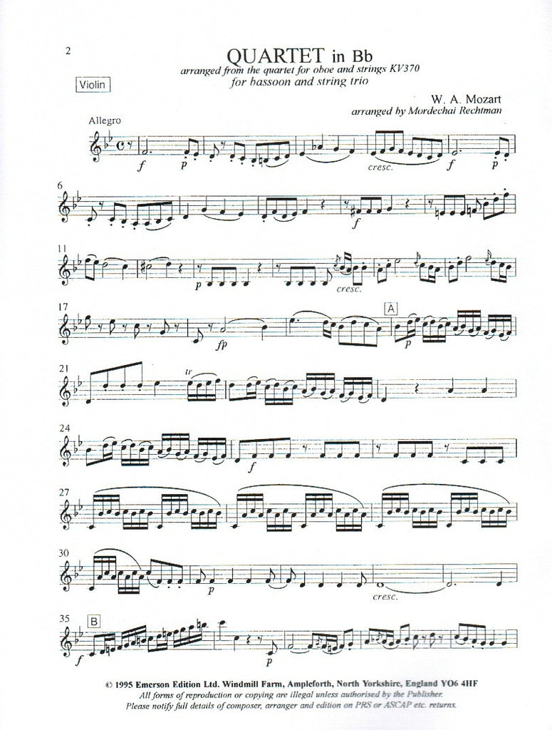 Quartet in Bb Major, K370 (score & parts) - - Trevco Music Quartet in Bb Major, K370 (score & parts) - - Trevco Music