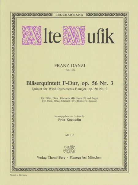 Danzi, Franz % Quintet in F Major, op. 56, #3 (parts only) - WW5